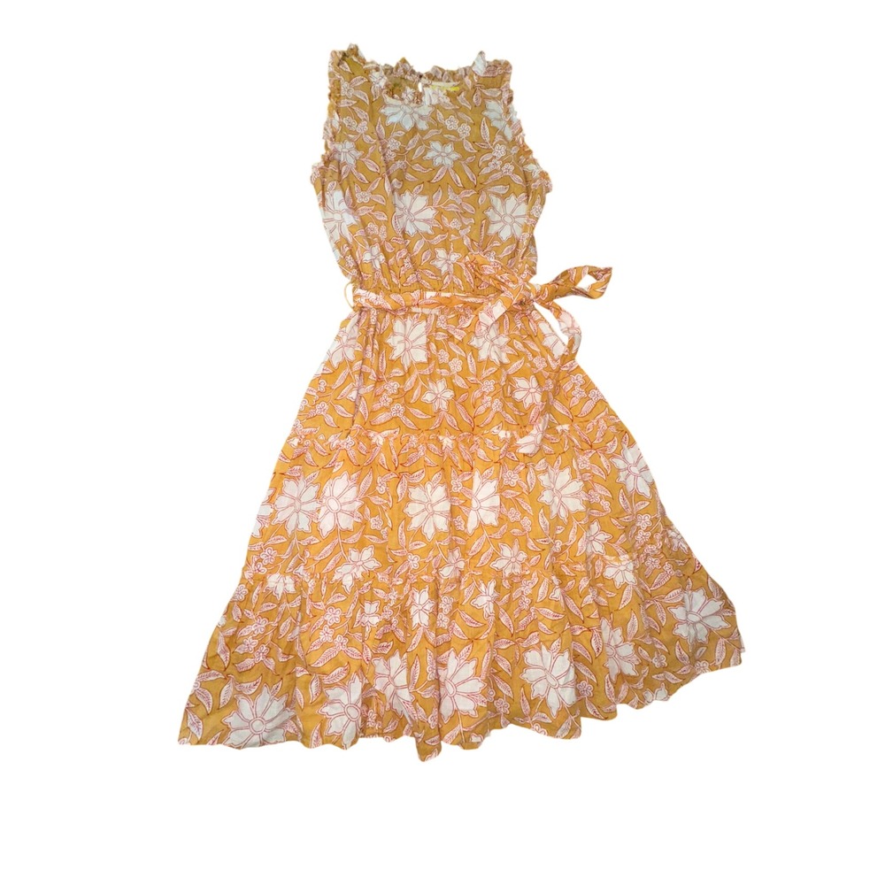 Roller Rabbit Mustard Yellow Floral Cotton Tiered Sleeveless Midi Dress XS